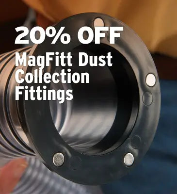 Close-up of a black MagFitt dust collection fitting with large white promotional text reading '20% OFF' over the image.