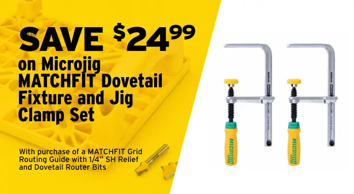 Promotional graphic for a Microjig MATCHFIT Dovetail Fixture and Jig Clamp Set, showing two silver clamps with yellow and green handles on a white background, alongside large sale text and a yellow background with product imagery.