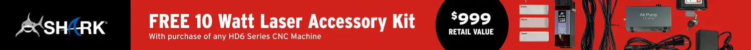 A Shark promotional banner featuring a red and black laser accessory kit with the Shark logo, text reading 'FREE 10 Watt Laser Accessory Kit,' and a retail price of $999.