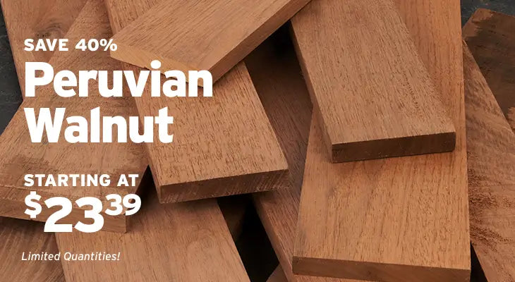 Stacked Peruvian Walnut wood planks with promotional text reading 'SAVE 40% Peruvian Walnut STARTING AT $23.39' on a dark background.