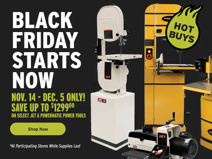 Advertisement for Jet and Powermatic power tools with 'Black Friday' promotion details.
