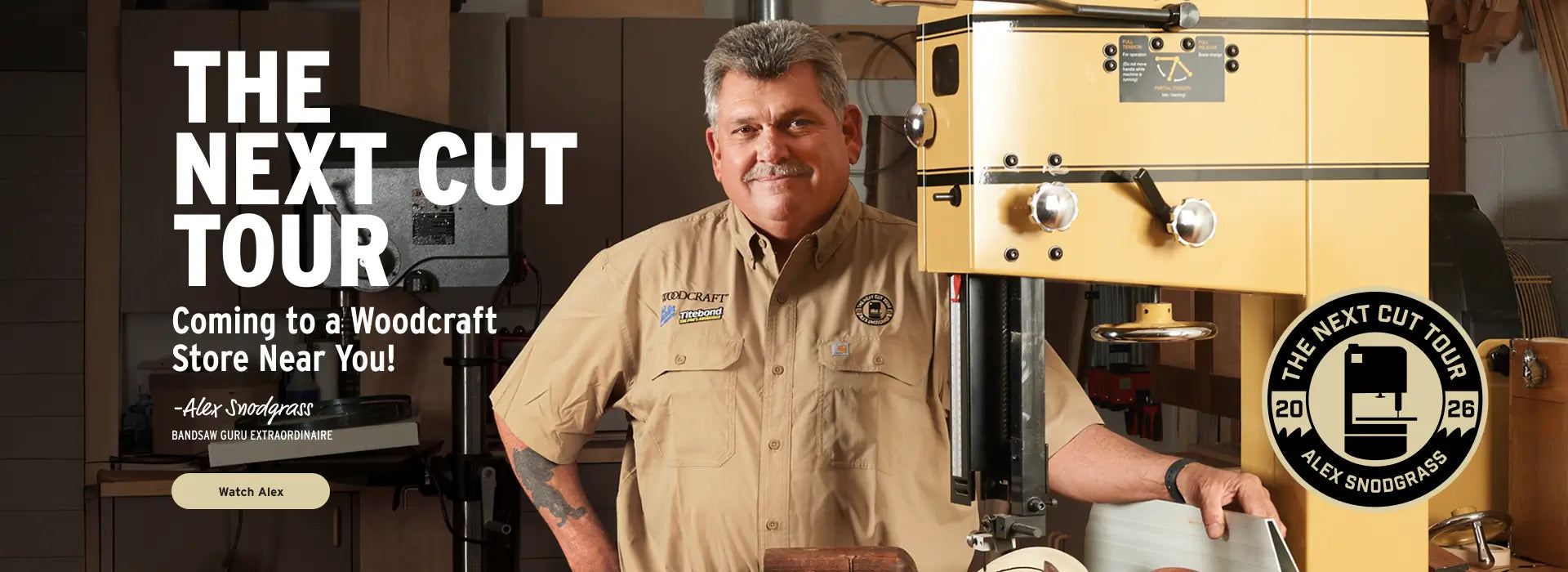 Woodcraft store employee with a wood cutting machine, promoting 'The Next Cut Tour'.