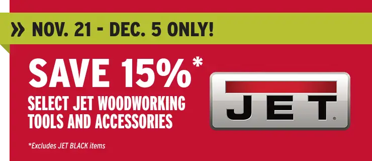 Promotional banner for Jet woodworking tools with a discount offer on a red background.
