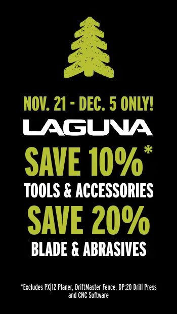 Promotional poster for Laguna tools with discount information on a black background
