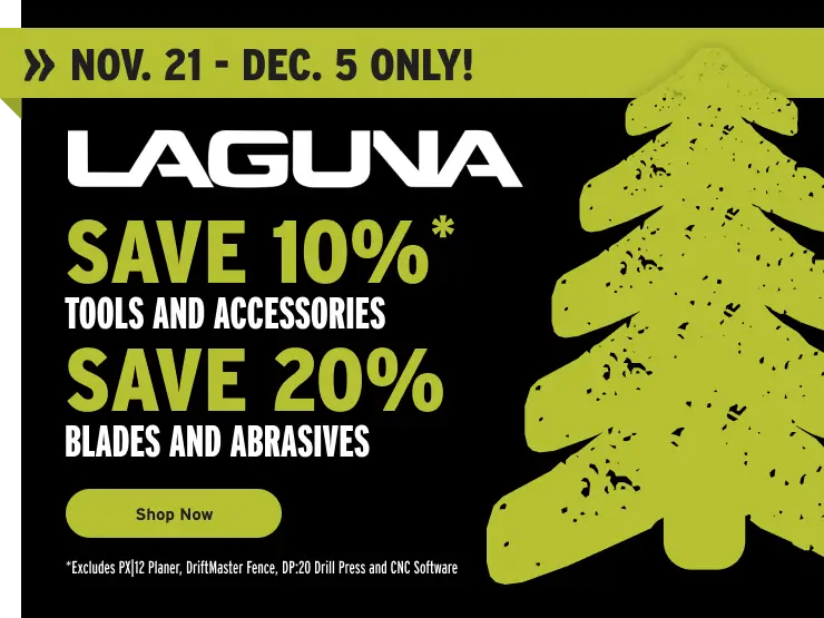 Promotional banner for Laguna tools with discount information and a tree graphic.