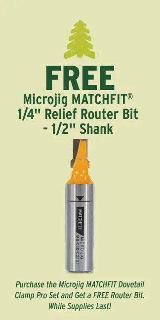 Advertisement for a free Microjig MATCHFIT router bit on a beige background