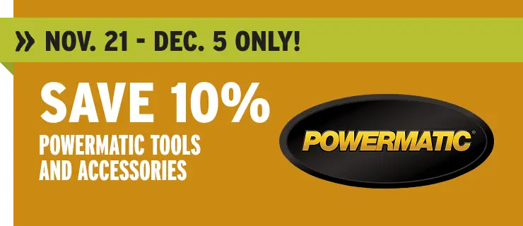 Promotional banner for Powermatic tools with a discount offer on a yellow background