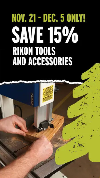 Promotional poster for Rikon Tools and Accessories sale with a person using a band saw and a green tree graphic.