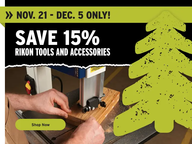 Promotional banner for Rikon Tools and Accessories sale with a person using a tool on wood.