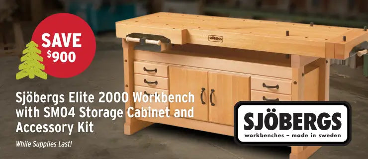 Sjäobergs Elite 2000 Workbench with storage cabinet and accessory kit on a blurred background