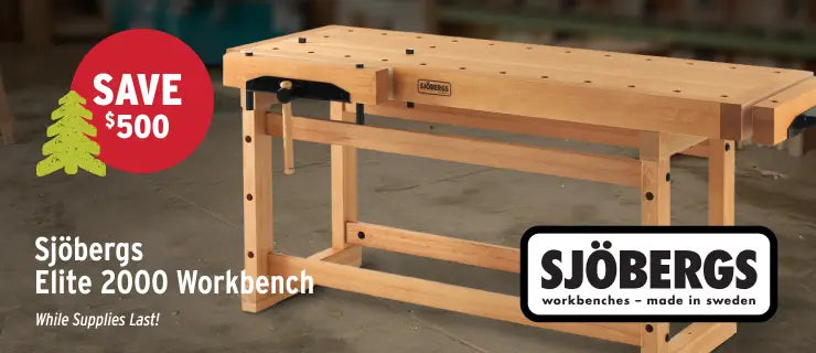 Wooden workbench with Sjobergs branding and promotional text on a blurred background