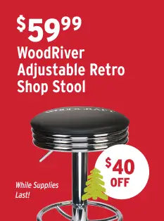 WoodRiver adjustable retro shop stool with price and discount information on a red background
