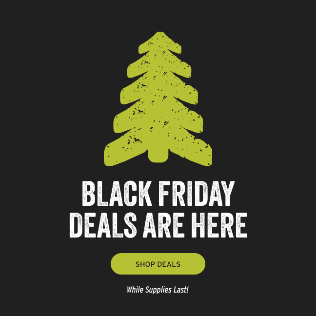 Black Friday promotional graphic with a green tree icon and text on a black background