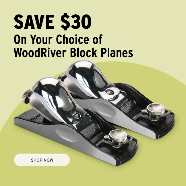 WoodRiver block planes with a promotional message on a green background