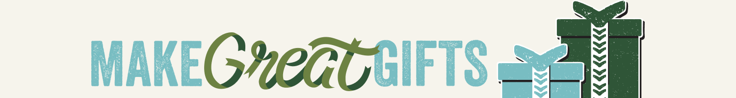 Promotional graphic with text 'Make Great Gifts' and gift box icons.