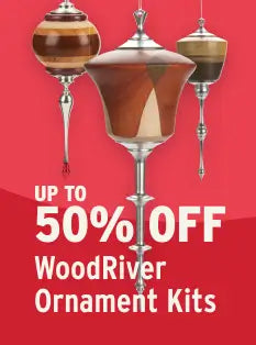 WoodRiver ornament kits with a red background and promotional text.