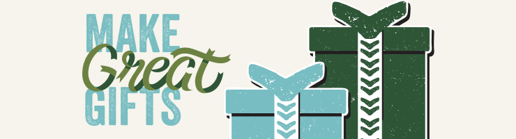 Decorative banner with text 'Make Great Gifts' and gift box illustrations on a light background.