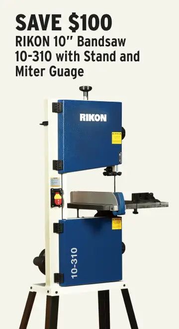 Rikon 10-inch bandsaw with stand and miter gauge on a white background