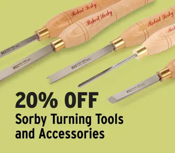 Set of Sorby turning tools with promotional text on a green background
