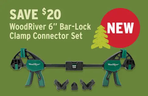 WoodRiver 6" Bar-Lock Clamp Connector Set with promotional text on a green background