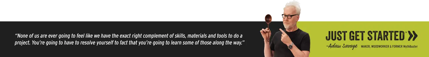 Man pointing to a green banner with text and a quote about getting started.