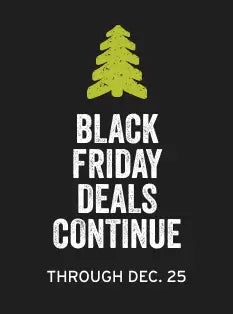 Black Friday promotional text with a green tree on a black background