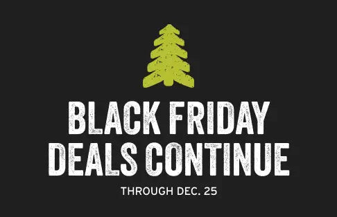 Black Friday promotional text with a green pine tree on a black background