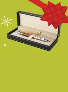 Pen set in a black case with a red bow on a green background