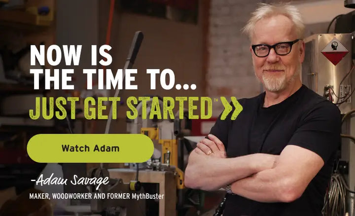 Man in a workshop with text overlay and 'Watch Adam' button