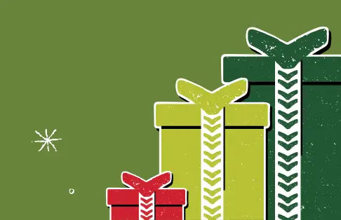 Illustration of gift boxes with green, red, and white patterns on a green background.