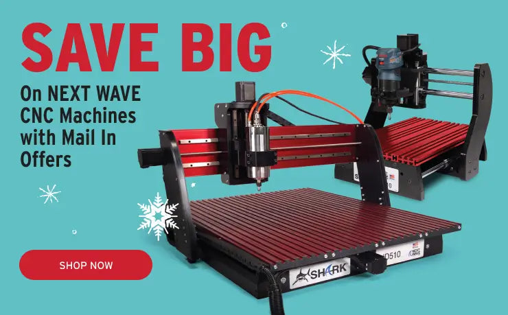 CNC machine with promotional text on a blue background