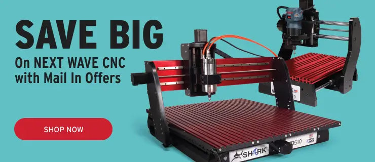 CNC machine with promotional text on a teal background