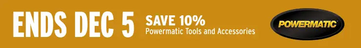 Promotional banner for Powermatic tools with a discount offer on a yellow background