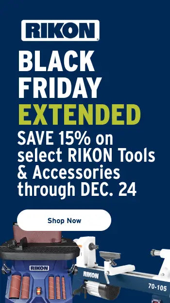 Promotional banner for Rikon Black Friday extended sale with tools and accessories on a blue background.