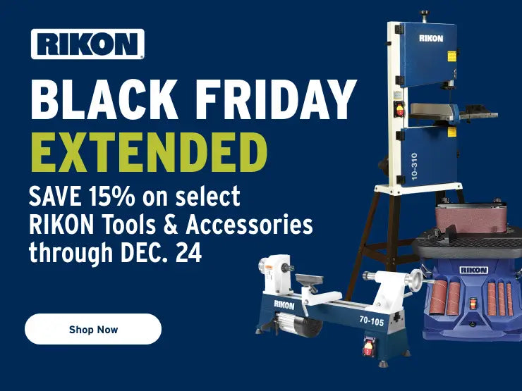Advertisement for Rikon Black Friday extended sale with tools on a blue background