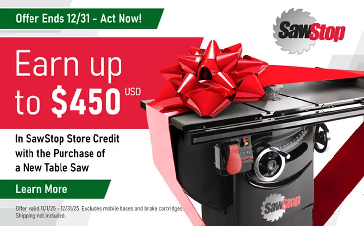 SawStop table saw with a large red bow, promotional text for store credit offer.