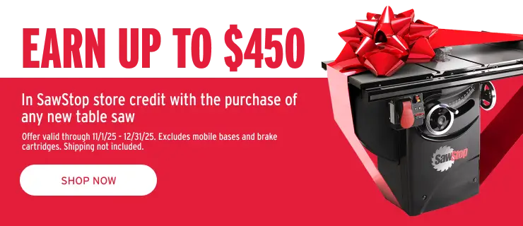 Promotional banner for SawStop table saw with a red background and a 'Shop Now' button.