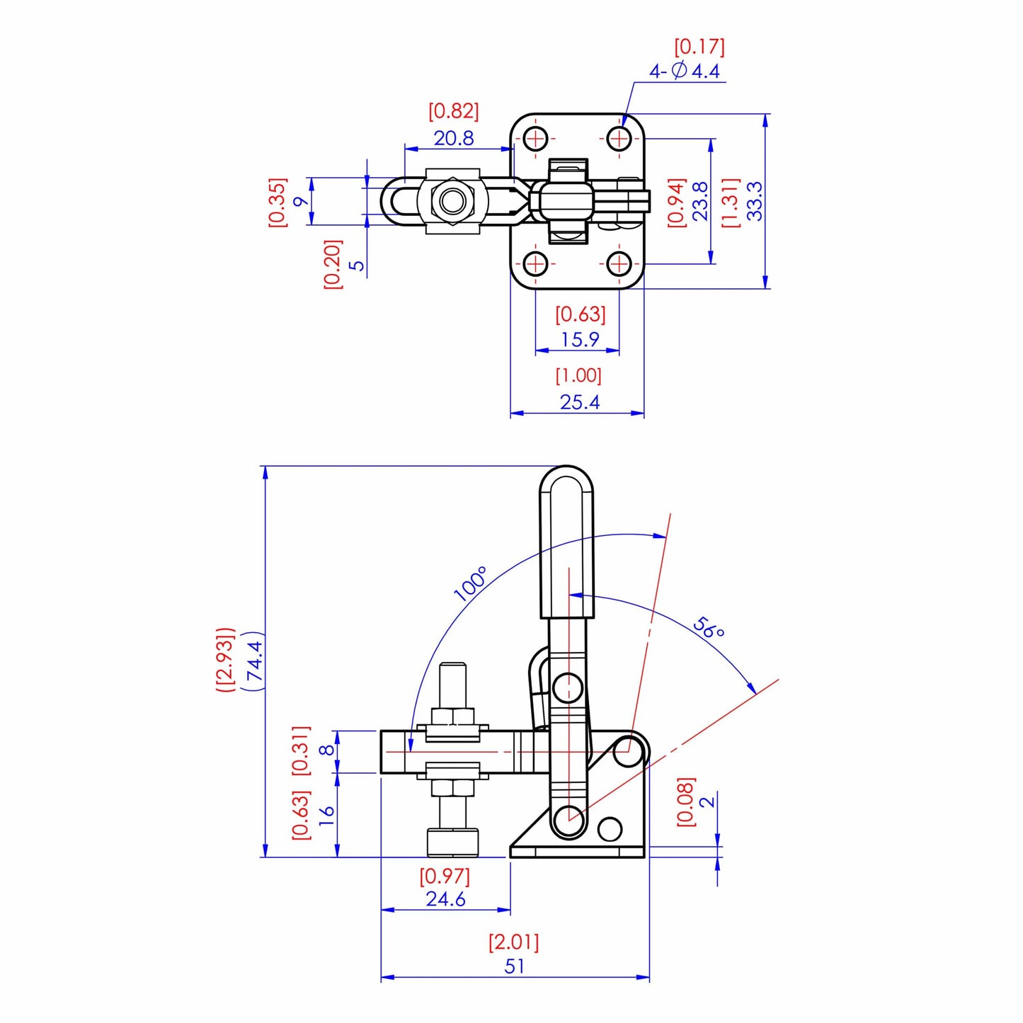 Vertical Handle Toggle Clamp, 1" x 0", 100 lb. Capacity alt 1