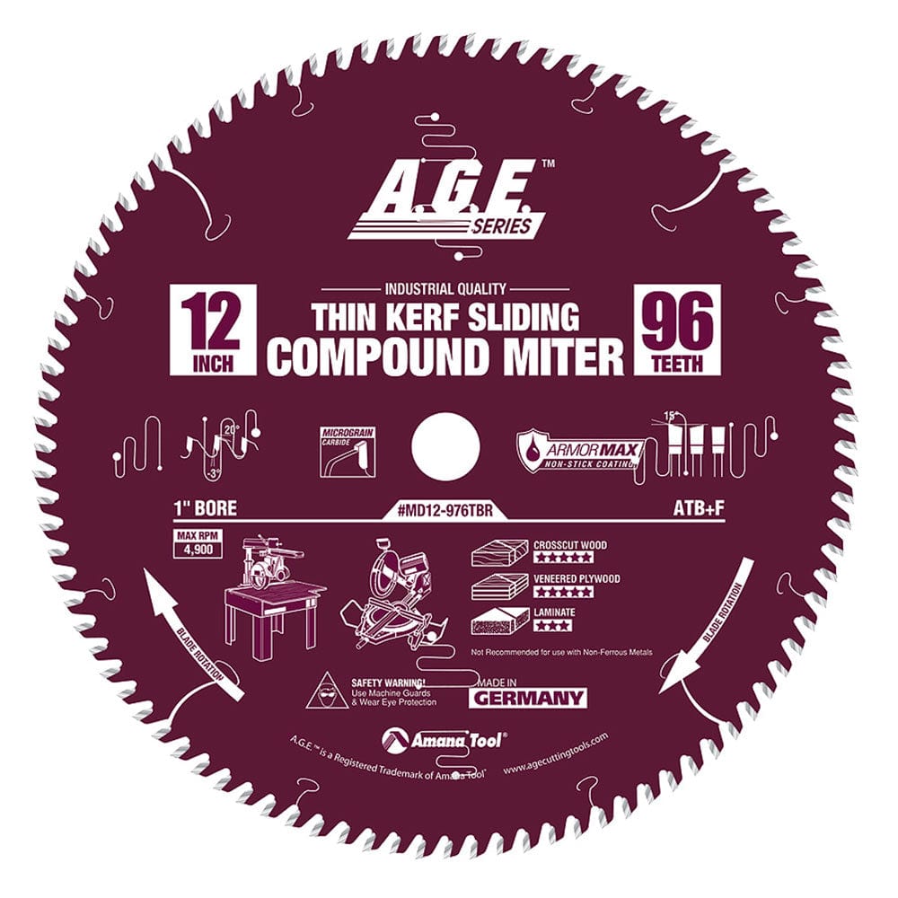 12" x 96T Thin Kerf Miter Blade, -3 Degree 1" Bore, 2 ATB + 1 FT alt 0