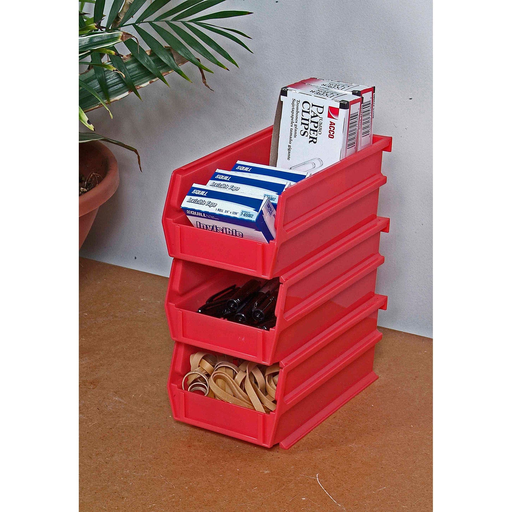 5-3/8" L x 4-1/8" W x 3" H Red Stacking, Hanging, Interlocking Polypropylene Bins, 6 CT alt 0