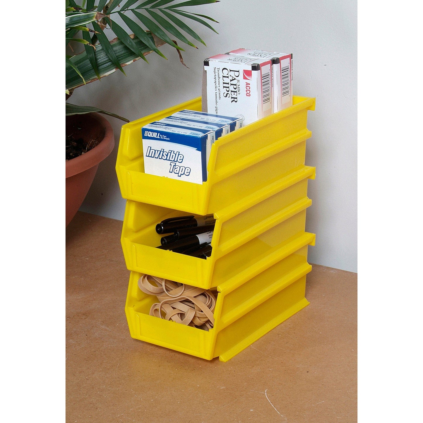 5-3/8" L x 4-1/8" W x 3" H Yellow Stacking, Hanging, Interlocking Polypropylene Bins, 6 CT alt 0