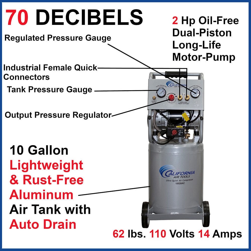 2HP 10 Gallon Oil-Free Aluminum Tank Air Compressor with Auto Drain Valve