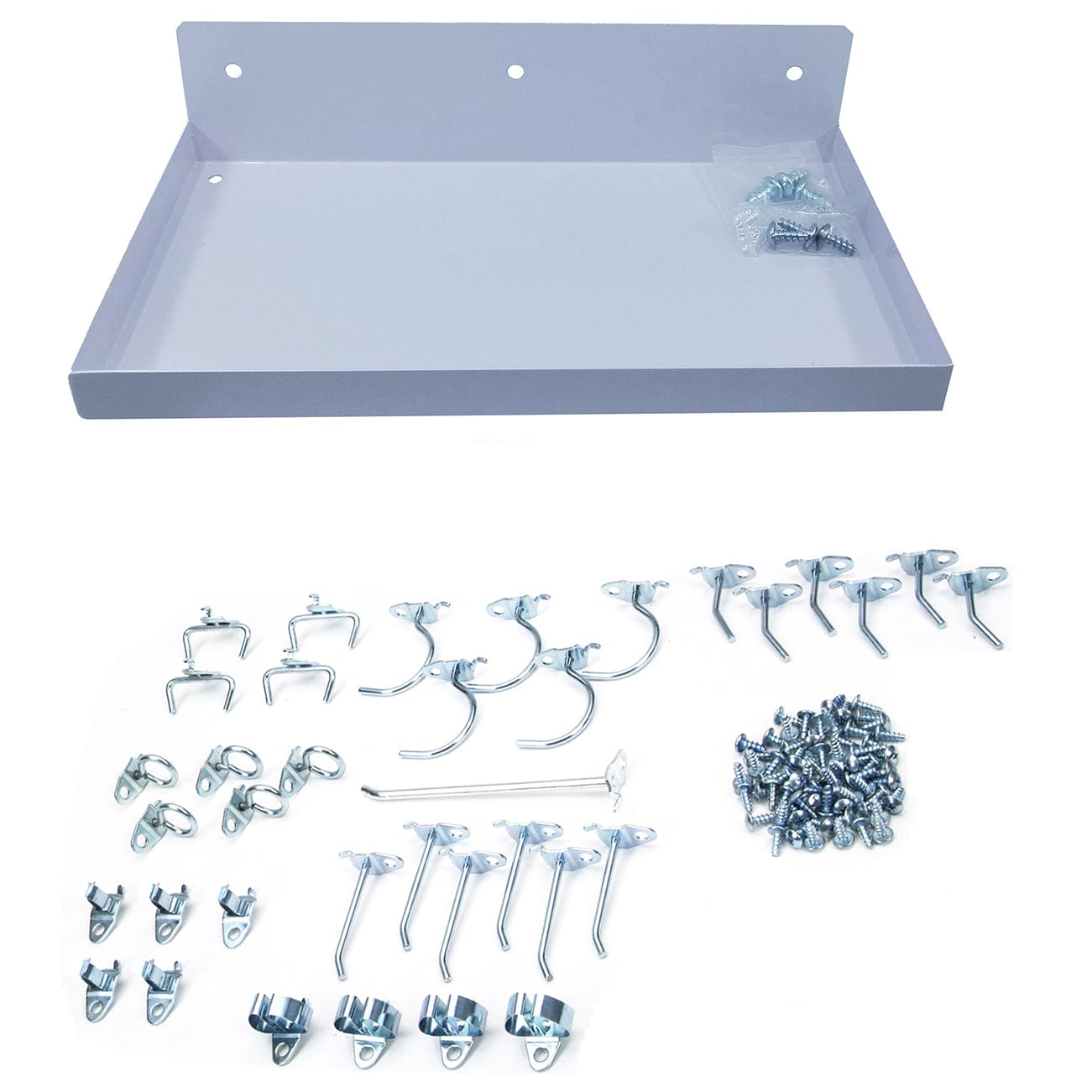 DuraHook® 12"W x 6"D Locking Steel Pegboard Shelf with 36 pc Durahook® Assortment - White alt 0