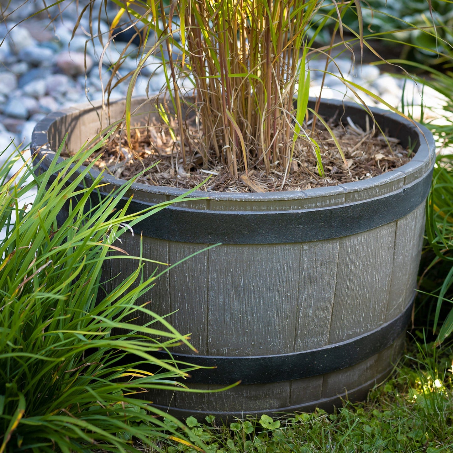 Polyethylene Whiskey Barrel Planter Brown Woodgrain with Black Stripes alt 0