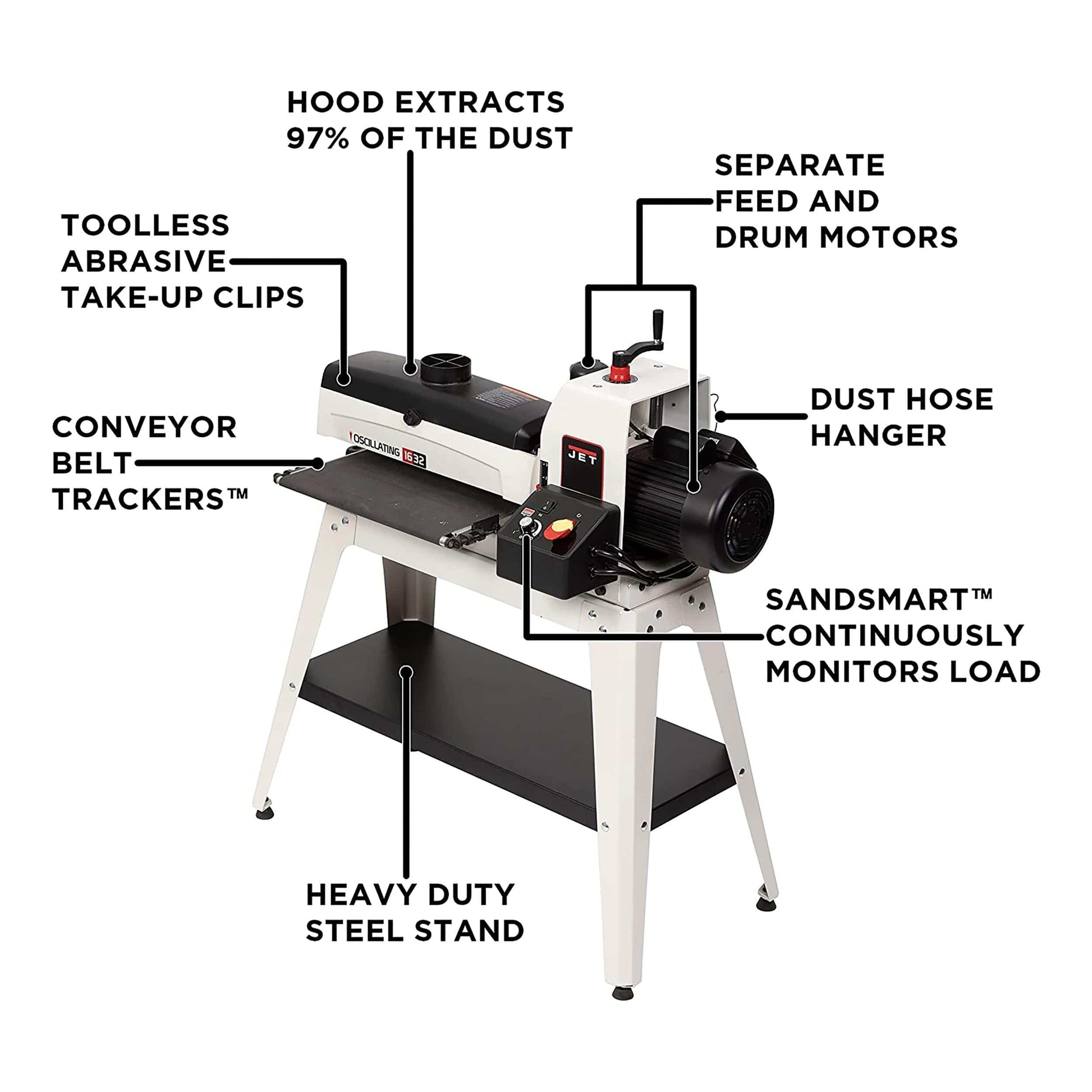 16" Oscillating Drum Sander with Stand - 1-1/2 HP 1 Ph 115V - JWDS-1632OSC alt 0
