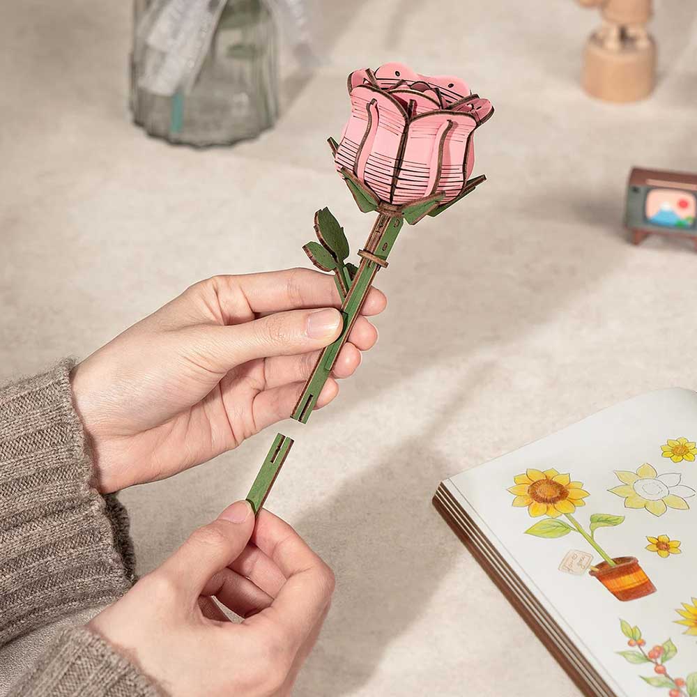 Rolife Pink Rose 3D Wood Puzzle Kit | Woodcraft Rolife Pink Rose 3D Wood Puzzle Kit | Woodcraft