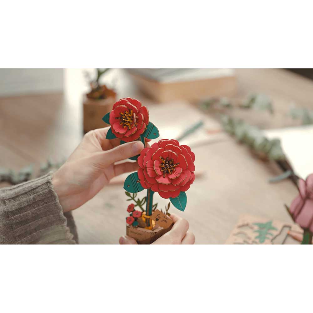 Red Camellia 3D Wood Puzzle Kit