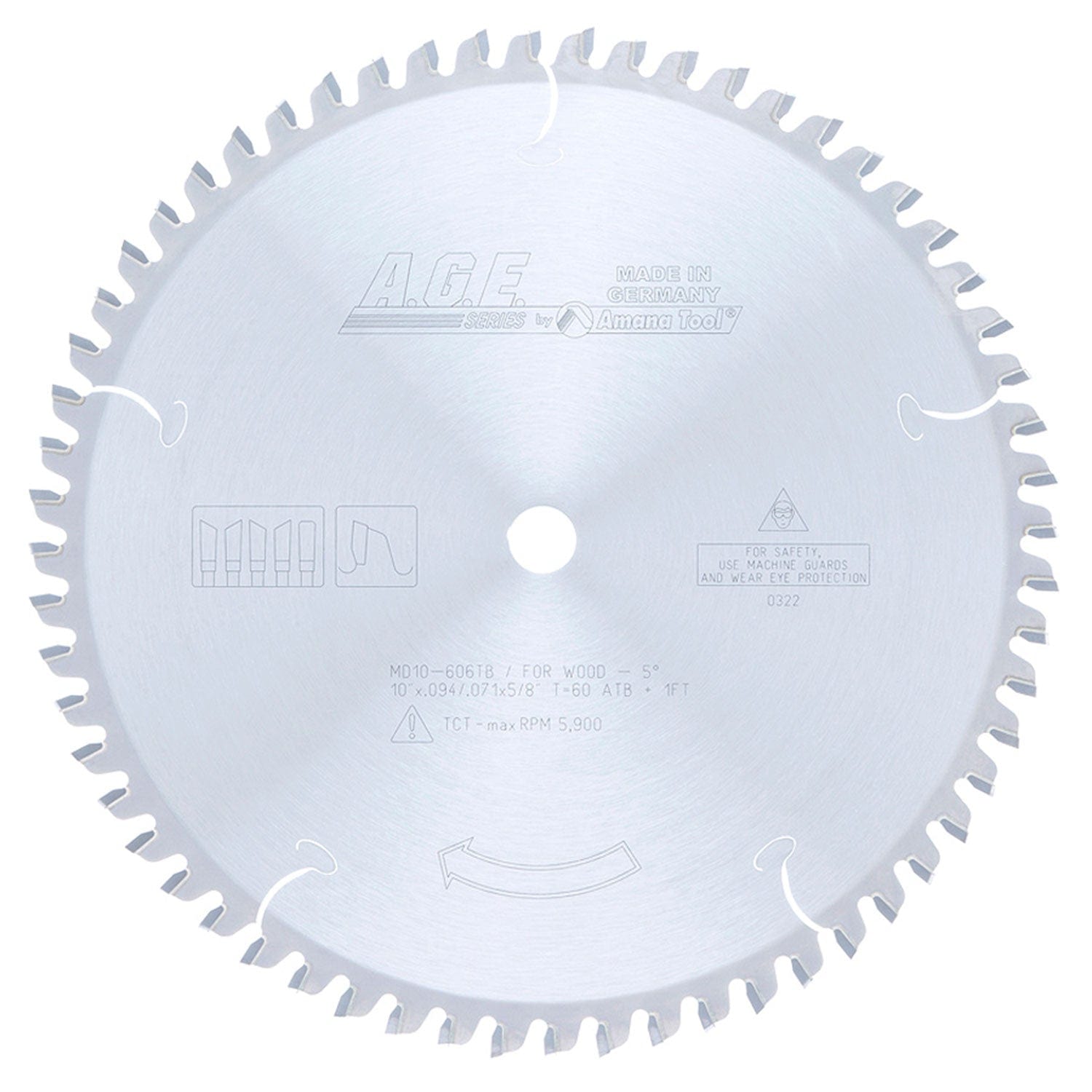 10" x 60T Carbide Tipped Thin Kerf Sliding Compound, Miter and Radial ArmBlade, Negative 5 Deg., 5/8" Bore, ATB alt 0