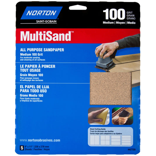 9" x 11" All Purpose Sandpaper 100 Grit - 5 Pack