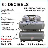 1HP 4.6 Gallon Oil-Free Twin Portable Aluminum Tank Air Compressor alt 0